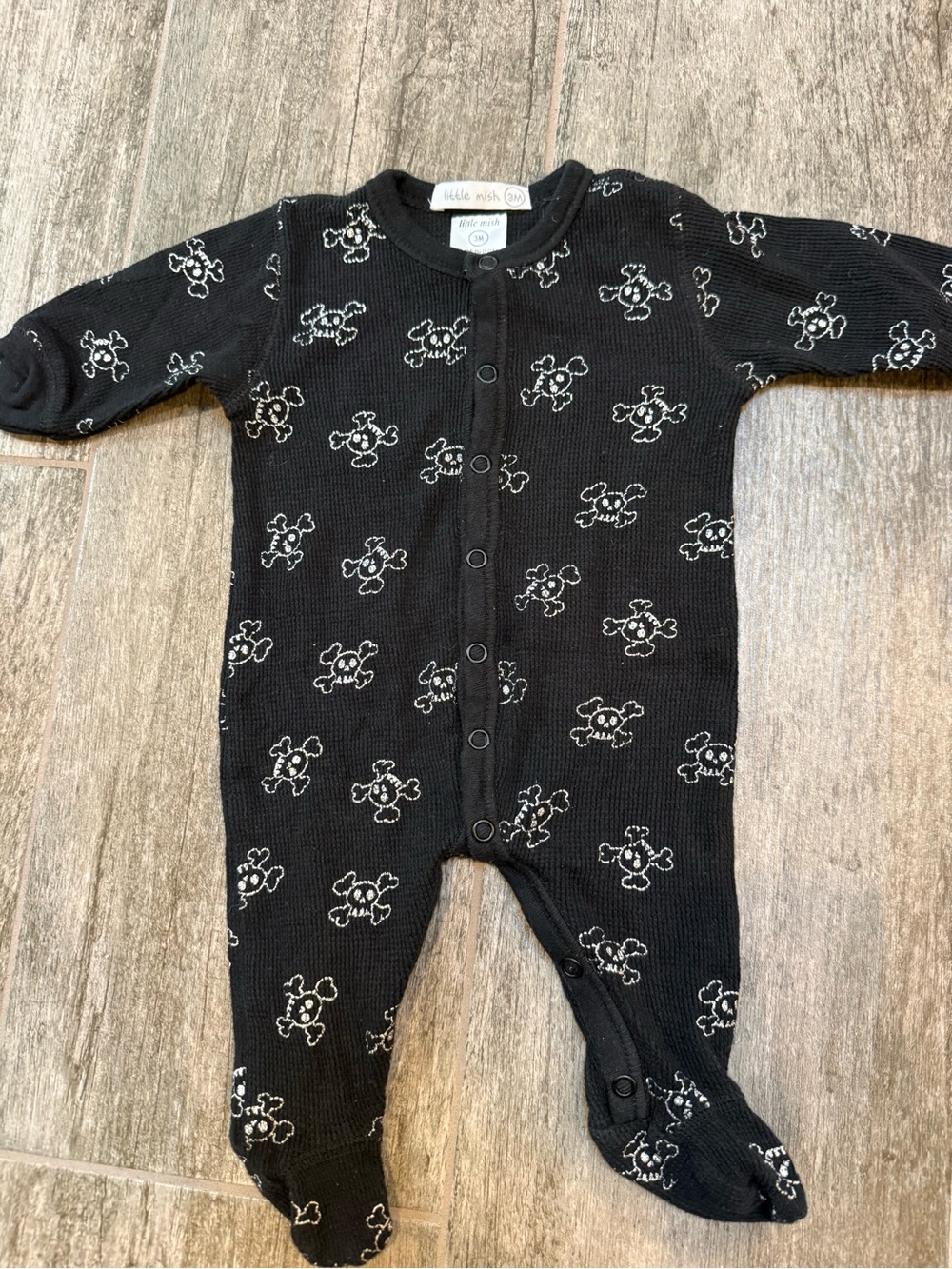 Little Mish Baby Waffle Thermal Skulls Crossbones Halloween Sleeper - 3 months